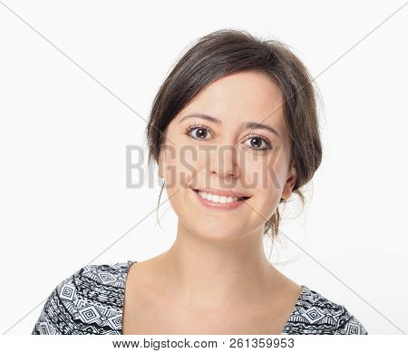 Beautiful Young Brunette Smiling Portrait, Isolated On White