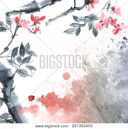 Watercolor And Ink Illustration Of Tree Branch With Red Flowers, Grunge Watersplashes Texture Backgr