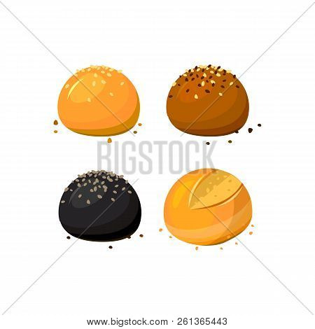 Buns And Rolls Assortment With Sesame At White Background. Black And White Humburger Buns.