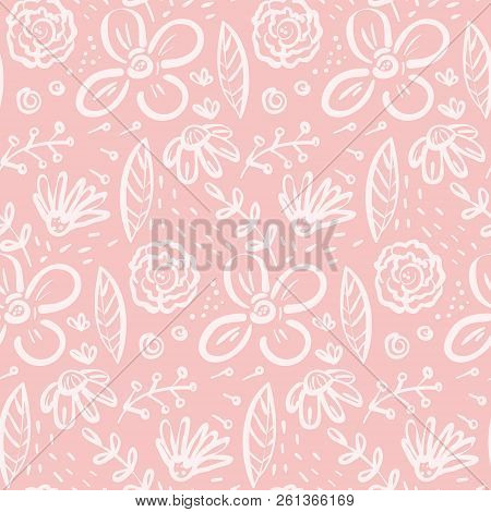 Funny Pink Seamless Pattern With Big Doodle Floral Elements. Lovely Naive Texture With Outline Flowe