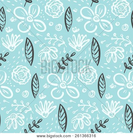 Contrast Linear Doodle Floral Seamless Pattern With White Flowers And Contrast Dark Leaves On Blue. 