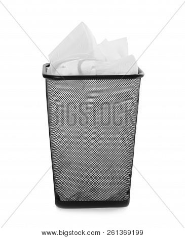 Trash Bin With Used Toilet Paper On White Background