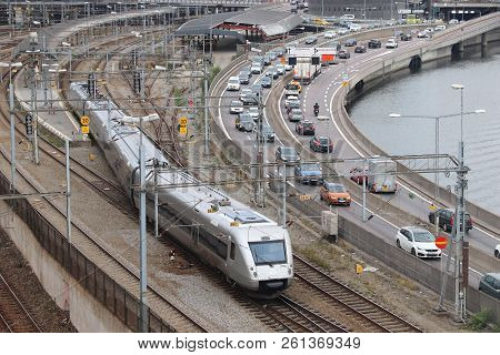 Stockholm, Sweden - August 24, 2018: Sj Swedish Railways Train In Stockholm. Sj Operates Regional, I