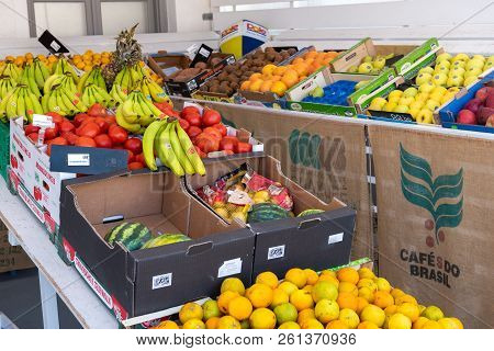 Serifos, Greece - September 8, 2018: Fresh Fruit And Vegetables In A Market Stall On The Street In L