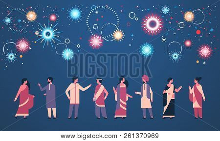 Happy Diwali Indian People Group Wearing National Traditional Clothes Hindu Man Woman Celebration Co