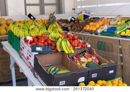 Serifos, Greece - September 8, 2018: Fresh Fruit And Vegetables In A Market Stall On The Street In L