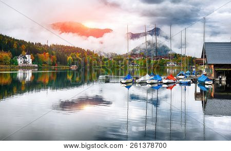 Yacht Dock On The Lake. Misty Morning On The Lake Grundlsee Location: Resort Grundlsee, Liezen Distr