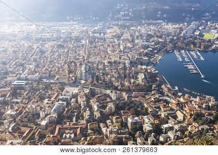 Aerial Landscape Of The Picturesque Colorful City Of Como On Lake Como, Italy. European Vacation, Li
