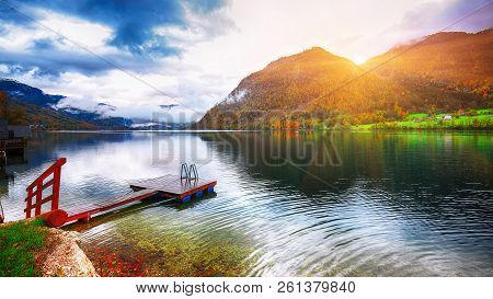 Idyllic Autumn Scene In Grundlsee Lake. Location: Resort Grundlsee, Liezen District Of Styria, Austr