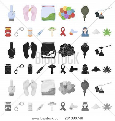 Drug Addiction And Attributes Cartoon Icons In Set Collection For Design. Addict And Drug Vector Sym