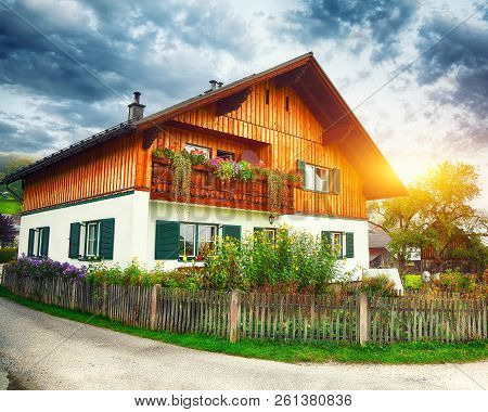 Picturesque Autumn Scene Of Altausseer Village. Sunny Morning View Of Altaussee Village. Location: R