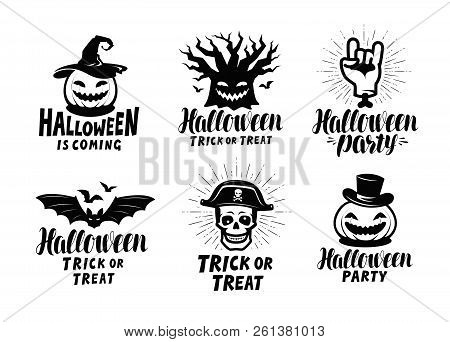 Halloween, Set Of Labels Or Icons. Holiday Symbol. Lettering Vector Illustration