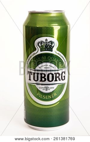 Huettenberg, Germany - August 14, 2018: Can Of Tuborg Pilsner Beer Isolated On White.