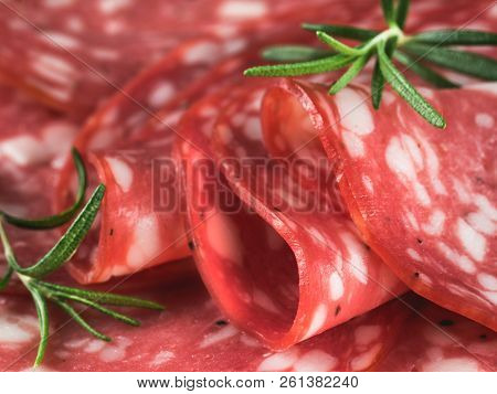 Extreme Close Up Salami Sliced. Raw Smoked Sausage Slices Close-up. Few Pieces Or Several Slices. Si
