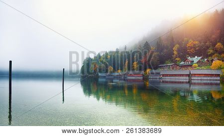 Misty Morning On Altaussee Village.misty Autumn Scene In The Morning. Mirror Reflection. Location: R