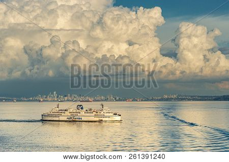 Strait Of Georgia, Canada - September 12, 2018: Bc Ferry Ship Queen Of Cowichan.