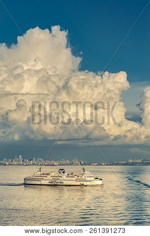 Strait Of Georgia, Canada - September 12, 2018: Bc Ferry Ship Queen Of Cowichan.