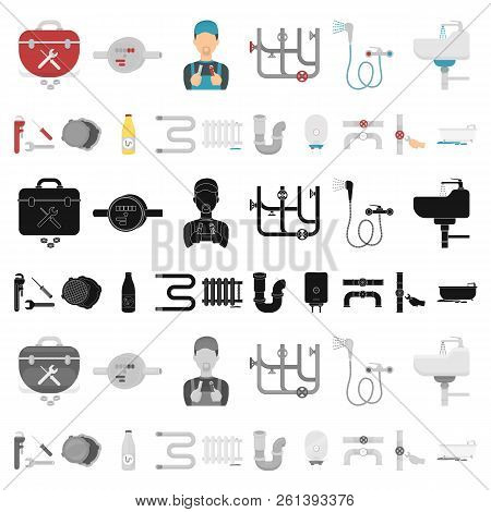 Plumbing, Fitting Cartoon Icons In Set Collection For Design. Equipment And Tools Vector Symbol Stoc