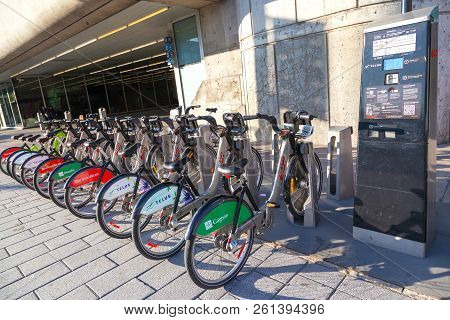 Montreal, Canada - Aug 21, 2012: Bixi Montreal Bikes Are Lined Up In Racks In Downtown Montreal. Bix