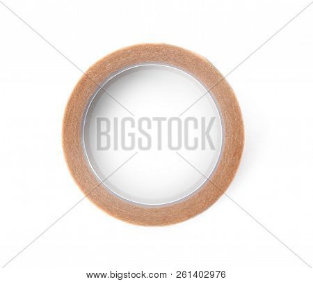 Medical Sticking Plaster Roll On White Background, Top View