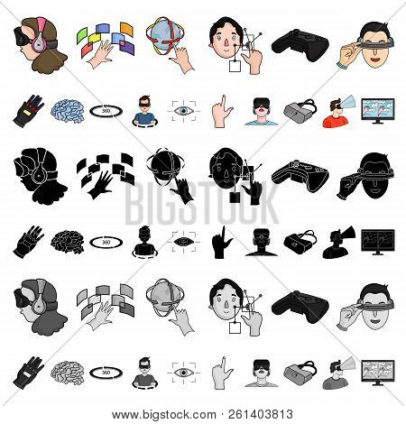 A Virtual Reality Cartoon Icons In Set Collection For Design. Modern Technology And Equipment Vector