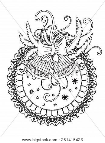 Christmas Mandala Coloring Page. Adult Coloring Book. Holiday Decor, Bells, Balls And Ribbons. Hand 