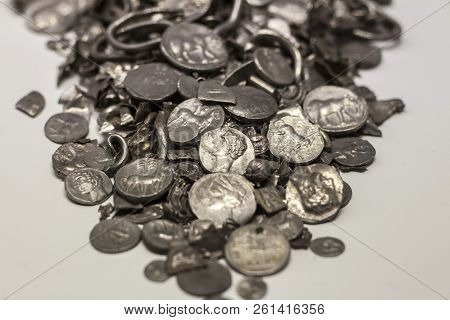 Malaga, Spain - Sept 21th, 2018: Hoard Of Cerro Colorado, Oldest Coins Ever Made In Iberia. Malaga M