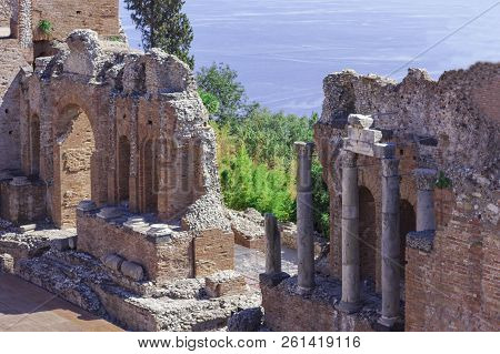 The Ruins Of Amphitheatre In Taormina, Sicily, Italy