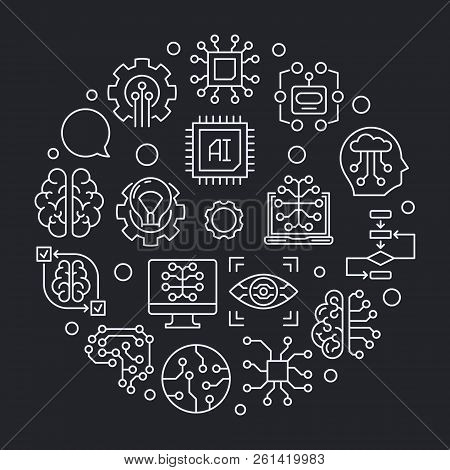 Artificial Intelligence Round Vector Line Illustration. Ai Technology Vector Linear Icons In Circle 