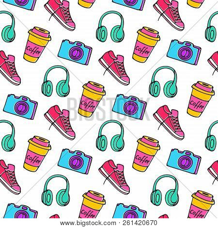 Cup Of Coffee To Go, Camera, Sneakers And Headphones Seamless Pattern Hand Drawing Doodle.