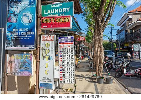 Kuta, Indonesia - September 14, 2018: Rows Of Business Signages At Legian Street In Kuta. Legian Is 