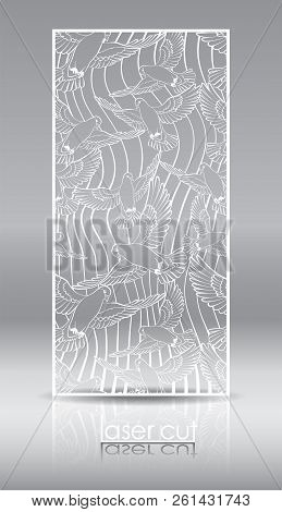 Laser Cut Pattern. Stylized Flock Of Birds In The Sky. Laser Cutting For Wedding Invitations, Covers