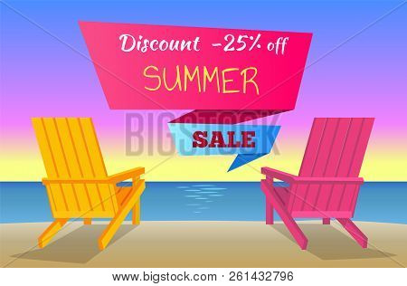 Discount -25 Off Summer Sale Poster With Beach Sunbeds, Pair Of Chaise-lounges At Coastline Cartoon 