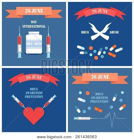 International Day Against Drug Posters. Awareness Prevention With Syringe Needle Drawing Cardiogram,