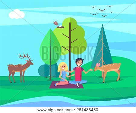 Environment Day People In Forest Sitting On Blanket Caring For Deer And Roebuck Tree With Nest Of Fl