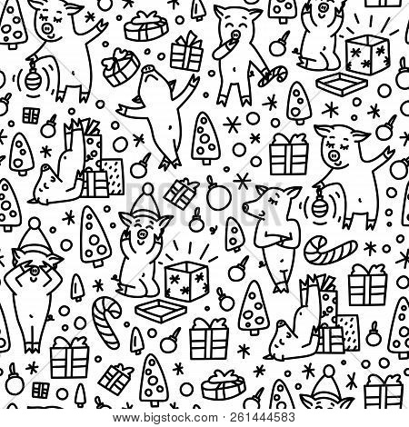 Doodles Funnny Pigs Seamless Pattern. Black And White Symbol Of The 2019 New Year Monochrome Backgro