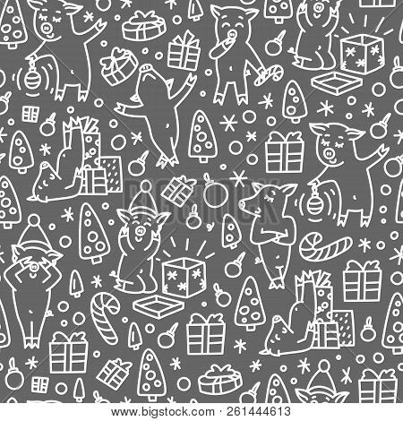 Doodles Funnny Pigs Seamless Pattern. Black And White Symbol Of The 2019 New Year Monochrome Backgro