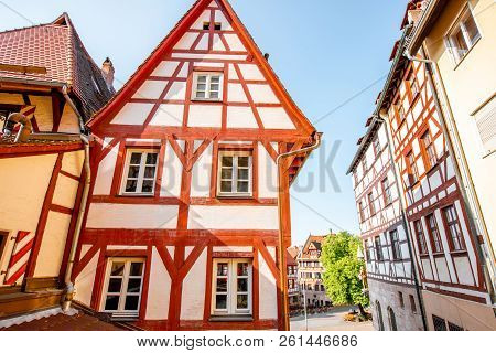 Street View With Beautiful Half-timbered Houses In The Old Town In Nurnberg, Germany