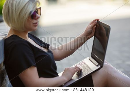 Woman Plus Size Opens Or Closes A Laptop, Buying, Sells, Choosing An Apartment In Internet, Walking 