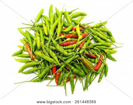 Stack Of Hot Chili Pepper Or Small Chili Padi On White Background.