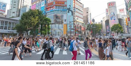 Shibuya, Tokyo, Japan - April 30, 2018: Pedestrians Crosswalk At Shibuya District In Tokyo, Japan. S