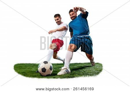 Football Players Tackling For The Ball Over White Background. Professional Football Soccer Players I