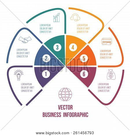 Pie Chart Infographic Colourful Lines With Text Areas 6 Positions.