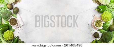 Assorted Green Toned Raw Organic Vegetables On White Background. Avocado, Cabbage, Broccoli, Caulifl