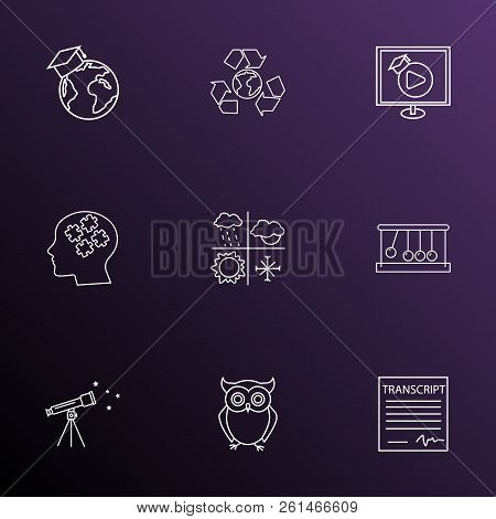 Education Icons Line Style Set With Video Lesson, Telescope, School Transcript And Other Wisdom Elem