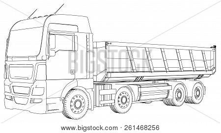 Semi-trailer Dump Truck Sketch Isolated On White Background