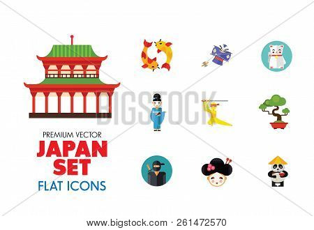 Japan Icon Set. Japanese Kite Japanese Cranes Torii Gate Bonsai Tree Koi Fish Japanese Ninja Sumo Wr