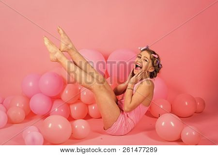 Retro Kid Girl, Pin Up, Fitness. Happy Child In Under Wear In Air Balloons. Birthday Decor, Childhoo