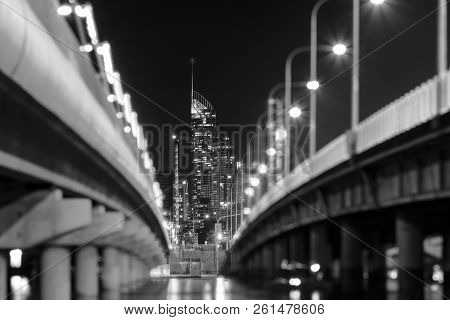 Gold Coast Q1 Building With Bokeh Lights From The Sundale Bridge In Black & White