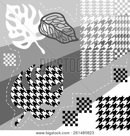 Simple Design With Hounds Tooth Pattern, Diagonal Stripes And Palm Leaves.